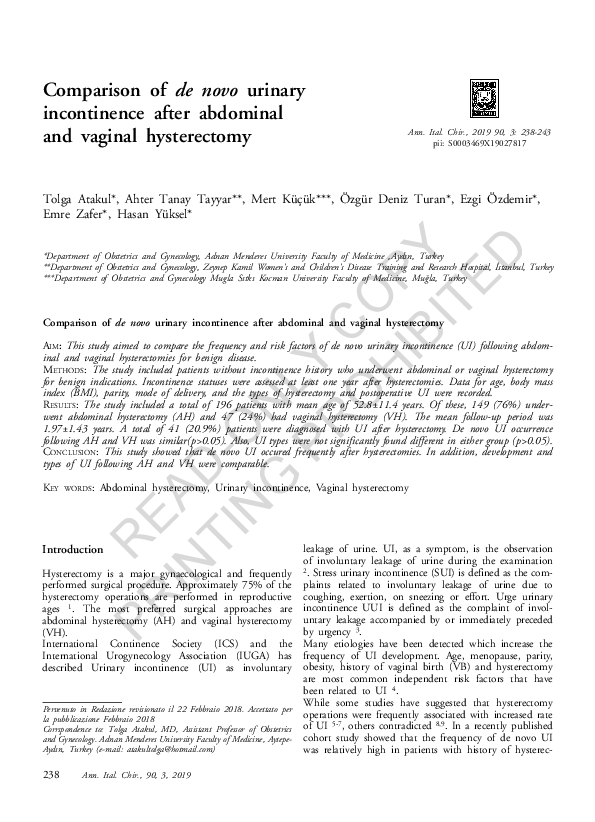 (PDF) Comparison of de novo urinary incontinence after abdominal and ...