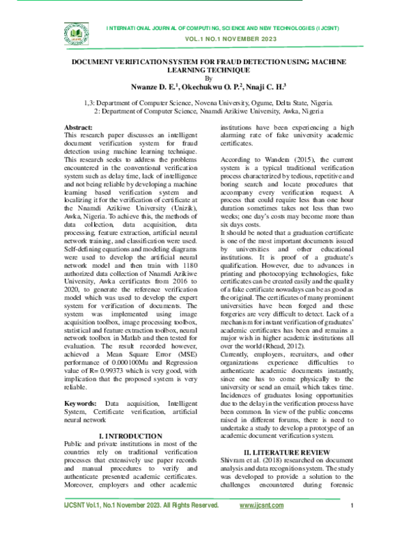 (PDF) Document Verification System for Fraud Detection Using Machine ...