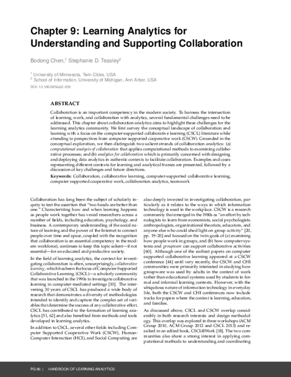 (PDF) Learning Analytics for Understanding and Supporting Collaboration