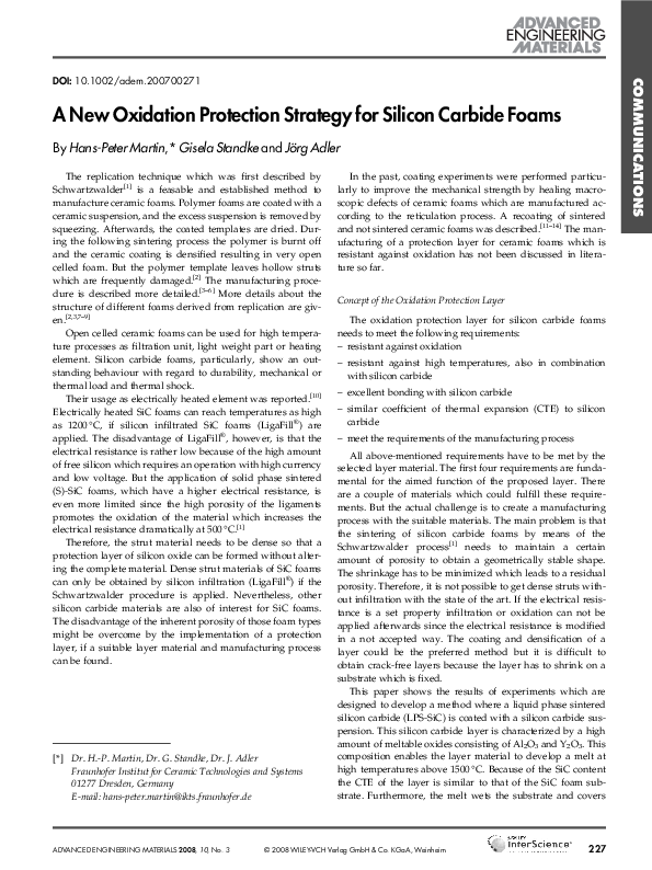 (PDF) A New Oxidation Protection Strategy for Silicon Carbide Foams