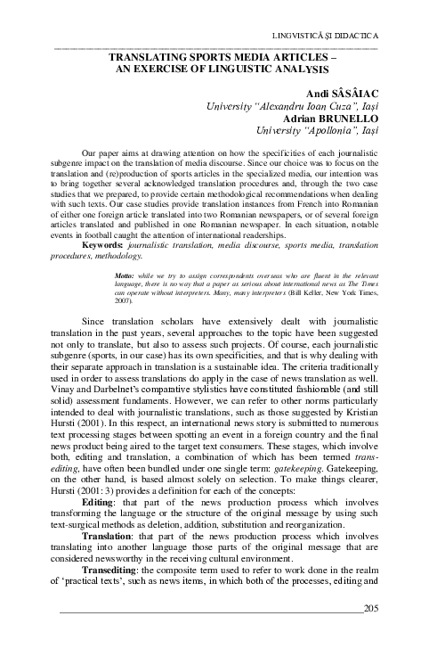 (PDF) TRANSLATING SPORTS MEDIA ARTICLES -AN EXERCISE OF LINGUISTIC ANALISYS