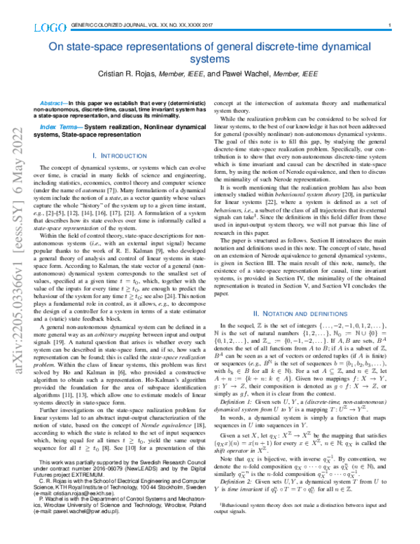 Pdf On State Space Representations Of General Discrete Time Dynamical