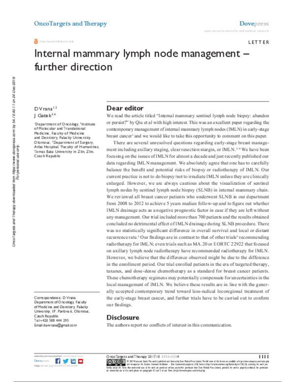 (PDF) Internal mammary lymph node management – further direction