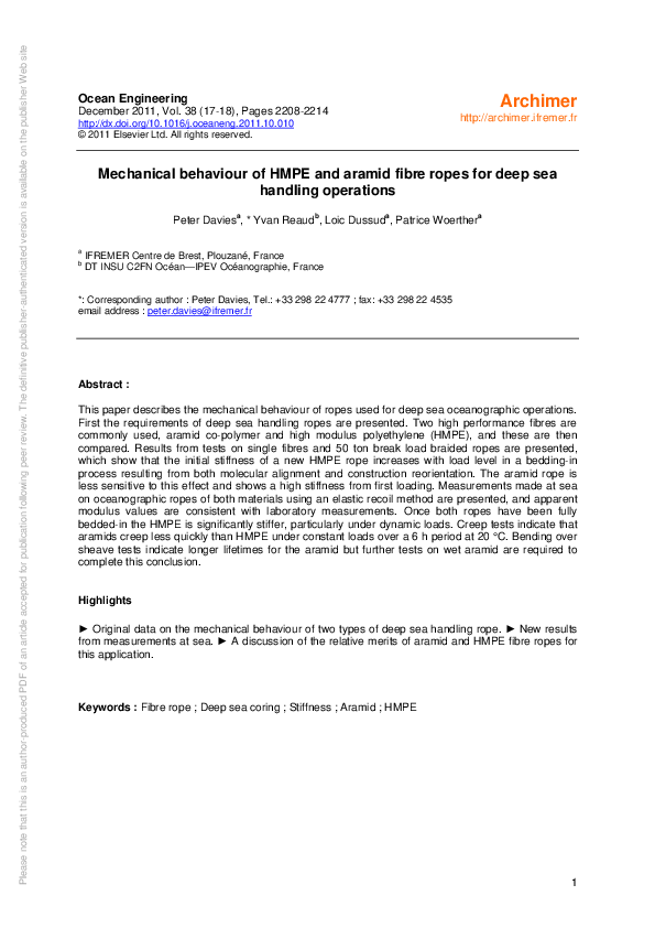 (PDF) Mechanical behaviour of HMPE and aramid fibre ropes for deep sea ...