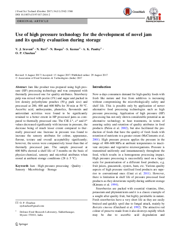 (PDF) Use of high pressure technology for the development of novel jam ...