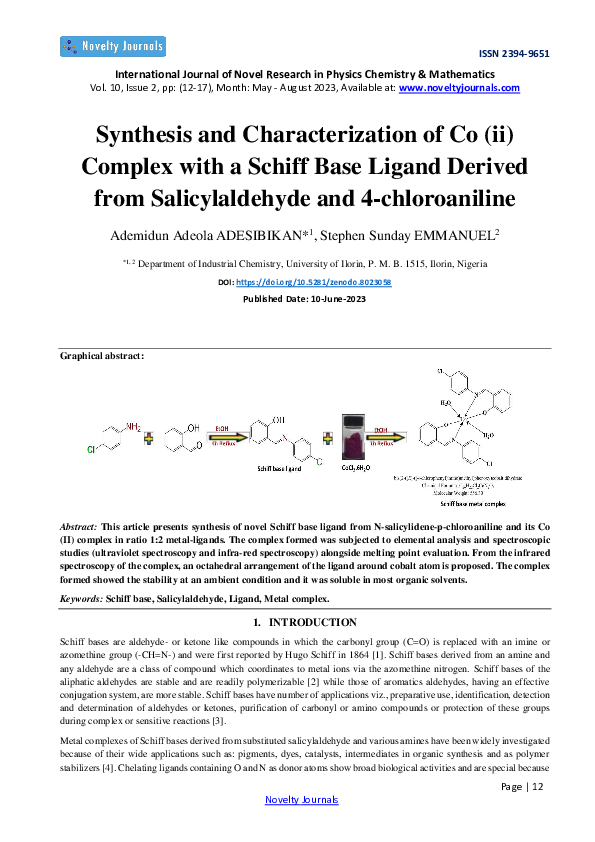 (PDF) Synthesis and Characterization of Co (ii) Complex with a Schiff ...