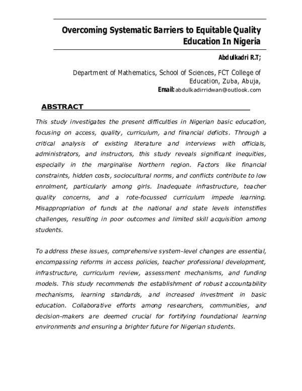 Pdf Overcoming Systematic Barriers To Equitable Quality Education In