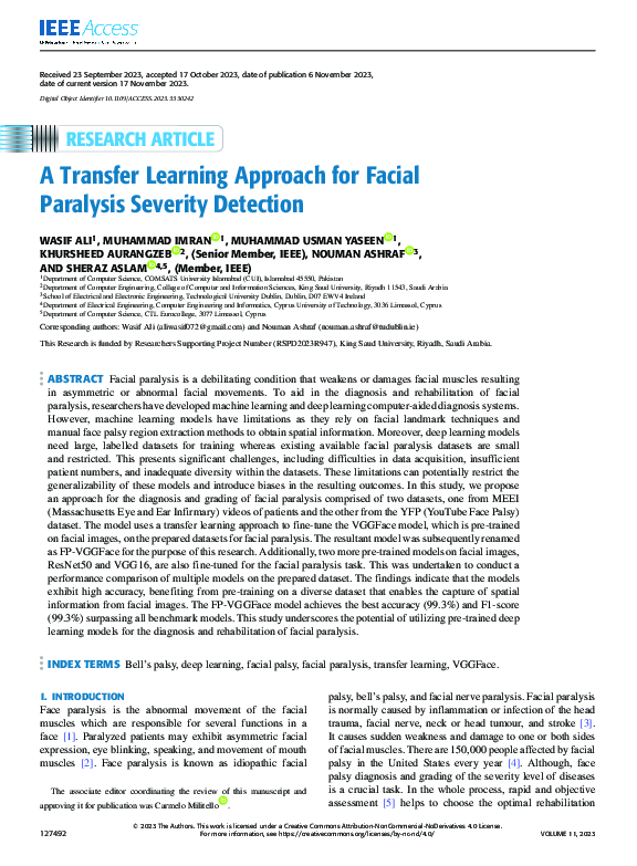 (PDF) A Transfer Learning Approach for Facial Paralysis Severity Detection