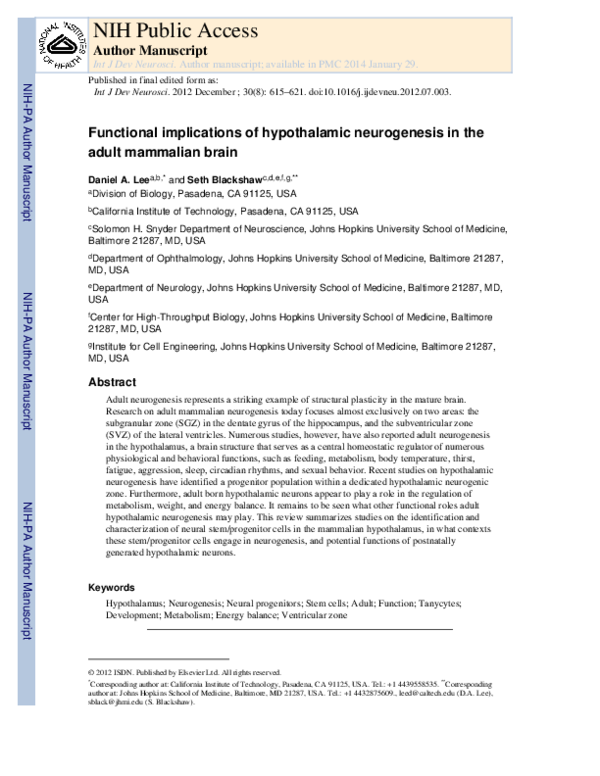 (PDF) Functional Implications of Hypothalamic Neurogenesis in the Adult ...