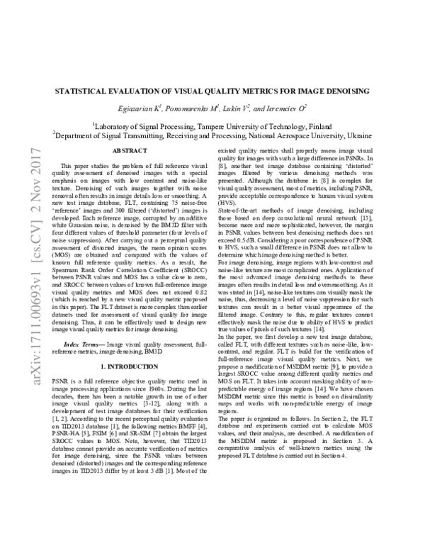 (PDF) Statistical Evaluation of Visual Quality Metrics for Image Denoising