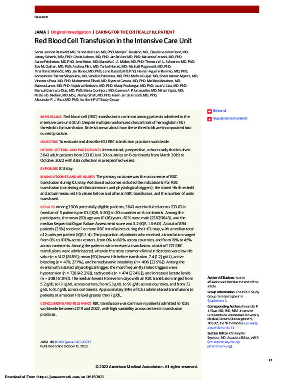 (PDF) Red blood cell transfusion in the intensive care unit