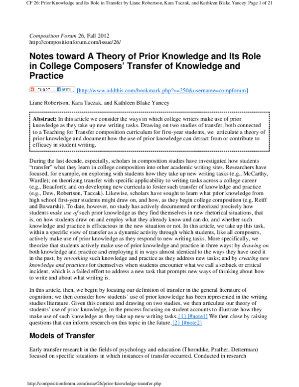 (PDF) Notes toward a Theory of Prior Knowledge and Its Role in College ...