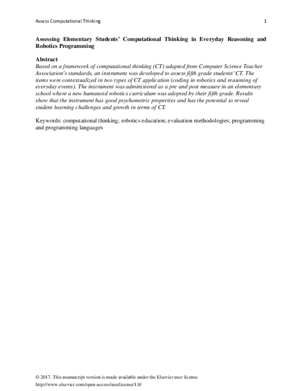(PDF) Assessing elementary students’ computational thinking in everyday ...