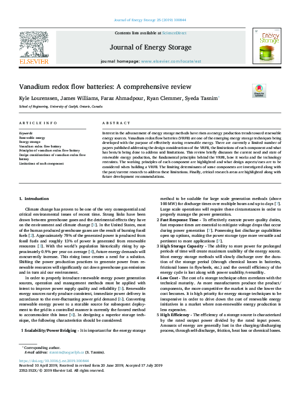 (PDF) Vanadium redox flow batteries: A comprehensive review