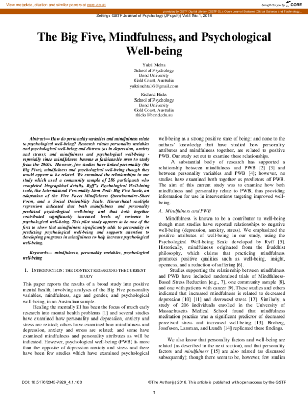 (PDF) The Big Five, Mindfulness, and Psychological Well-being