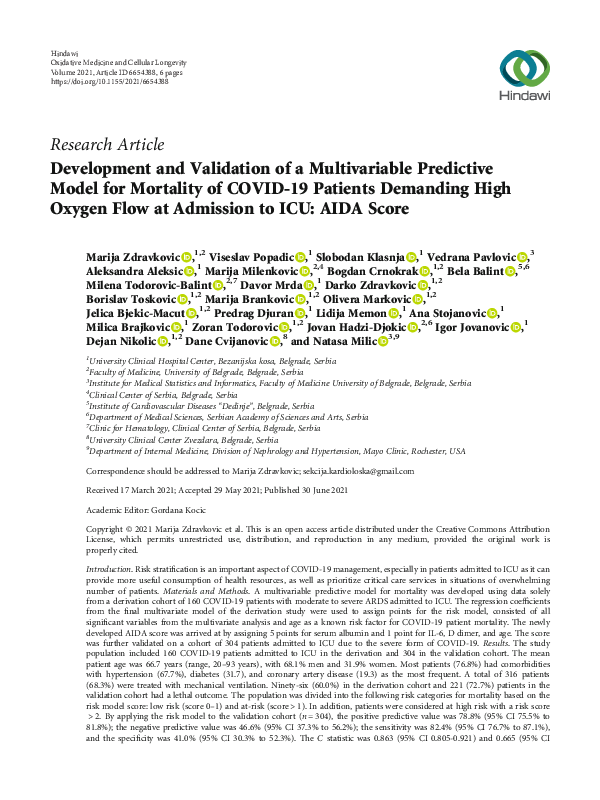 (PDF) Development and Validation of a Multivariable Predictive Model ...