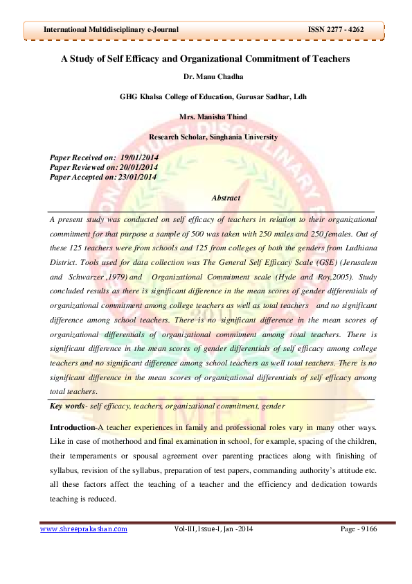 (PDF) A Study of Self Efficacy and Organizational Commitment of Teachers