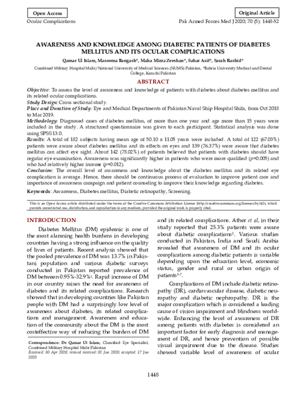 (PDF) Awareness and Knowledge Among Diabetec Patients of Diabetes ...