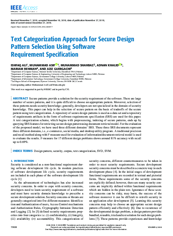 (PDF) Text Categorization Approach for Secure Design Pattern Selection ...