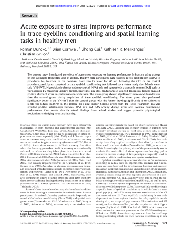 (PDF) Acute exposure to stress improves performance in trace eyeblink ...