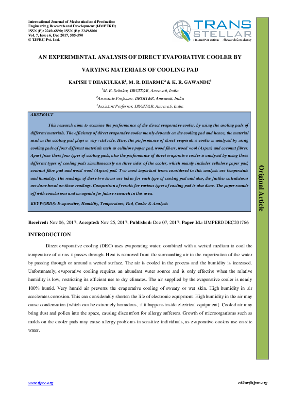 (PDF) AN EXPERIMENTAL ANALYSIS OF DIRECT EVAPORATIVE COOLER BY VARYING ...