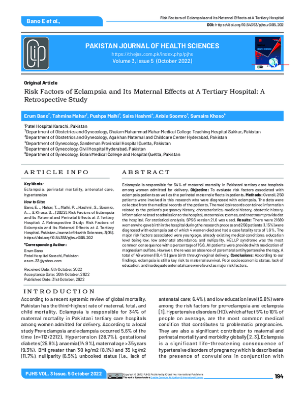 (PDF) Risk Factors of Eclampsia and Its Maternal Effects at A Tertiary ...