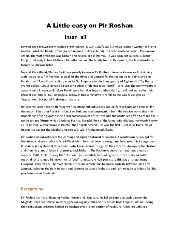 (DOC) A Little eassy on Pir Roshan