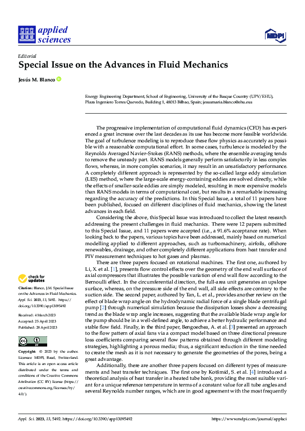 (PDF) Special Issue on the Advances in Fluid Mechanics