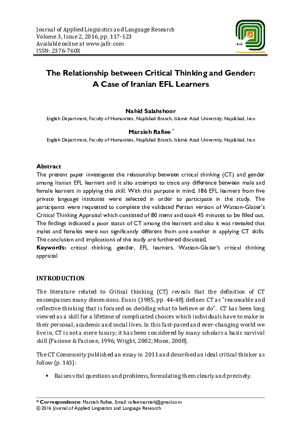 (PDF) The Relationship between Critical Thinking and Gender: A Case of ...