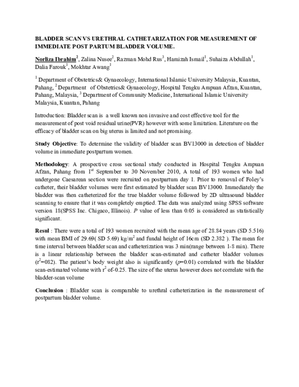 (PDF) Bladder scan vs urethral cathetarization for measurement of ...