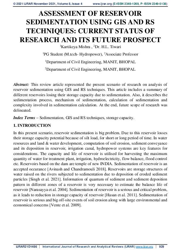 (PDF) ASSESSMENT OF RESERVOIR SEDIMENTATION USING GIS AND RS TECHNIQUES ...
