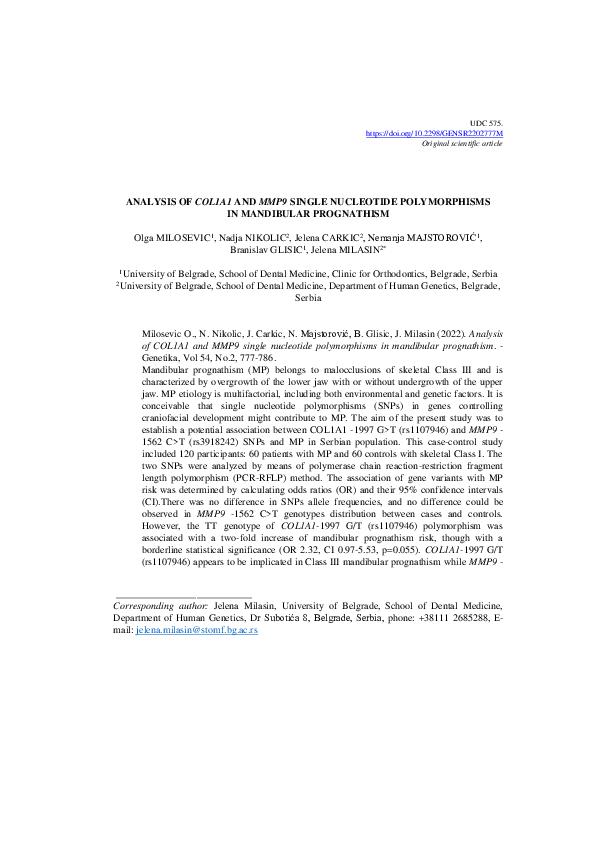 (PDF) Analysis of COL1A1 and MMP9 single nucleotide polymorphisms in ...