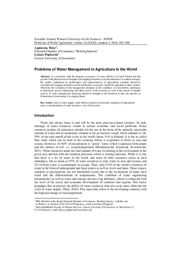 (PDF) Problems of Water Management in Agriculture in the World