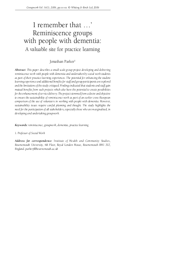 (PDF) I remember that …’ Reminiscence groups with people with dementia