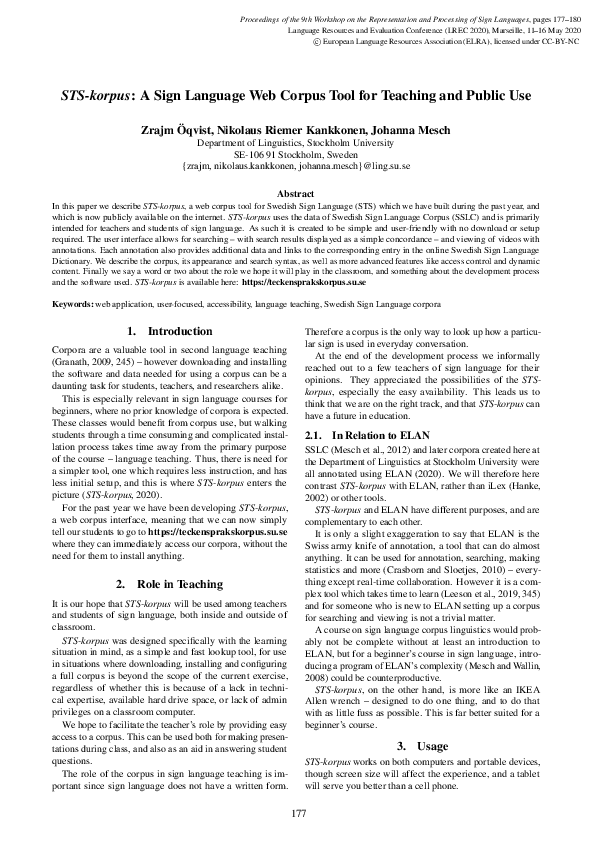 (PDF) STS-korpus: A Sign Language Web Corpus Tool for Teaching and ...