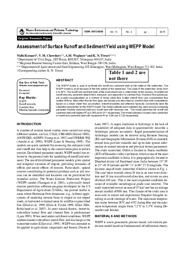 (PDF) Assessment of Surface Runoff and Sediment Yield using WEPP Model