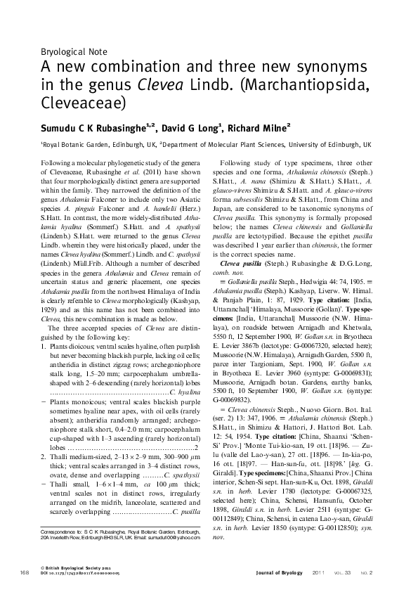 (PDF) A new combination and three new synonyms in the genus Clevea ...