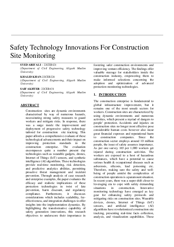 (PDF) Safety Technology Innovations For Construction Site Monitoring