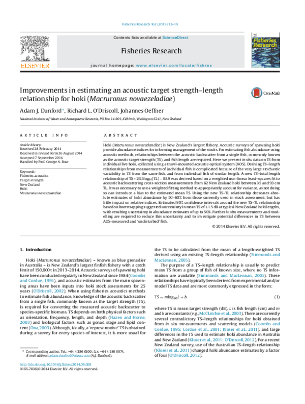 (PDF) Improvements in estimating an acoustic target strength–length ...
