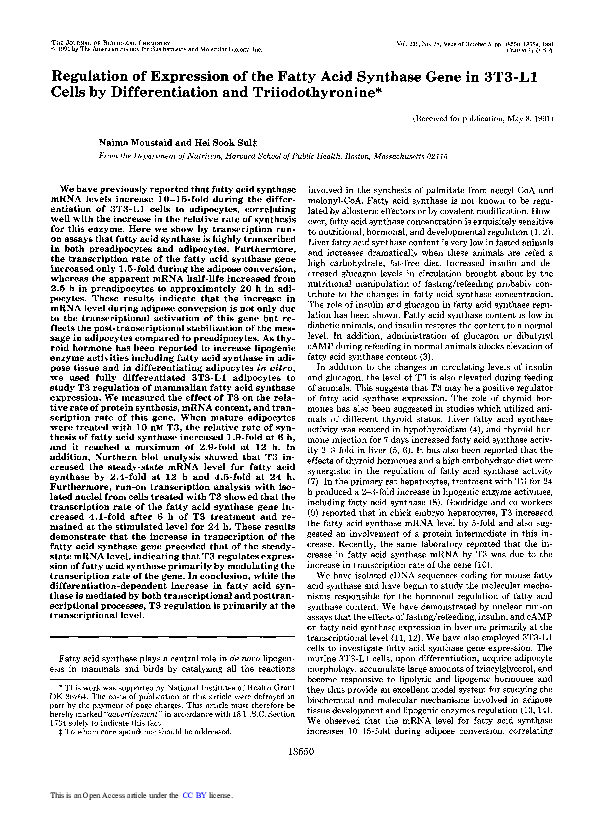 (PDF) Regulation of expression of the fatty acid synthase gene in 3T3 ...