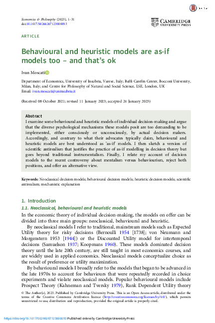 (PDF) Behavioural and heuristic models are as-if models too – and that’s ok