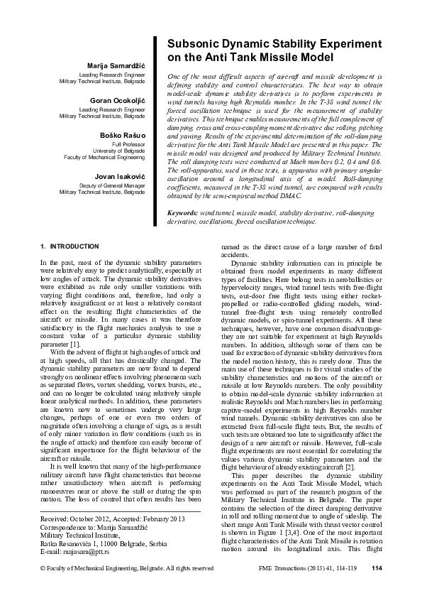 (PDF) Subsonic Dynamic Stability Experiment on the Anti Tank Missile Model