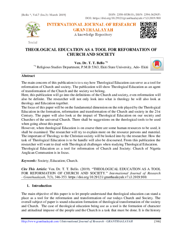 (PDF) Theological Education as a Tool for Reformation of Church and Society