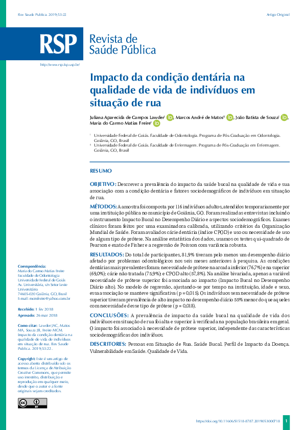 (PDF) Impact of oral condition on the quality of life of homeless people