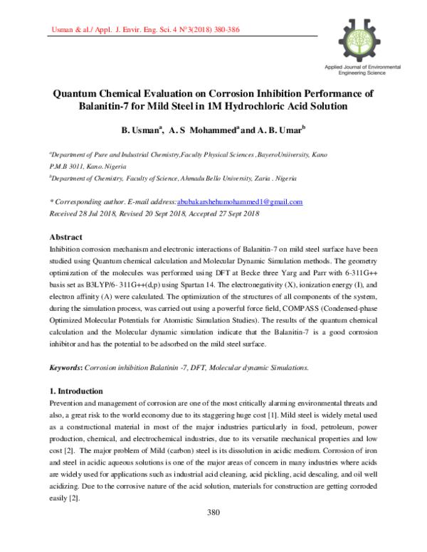 (PDF) Quantum Chemical Evaluation on Corrosion Inhibtion Performance of ...