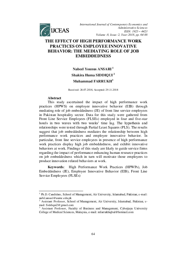 (PDF) Effect of High Performance Work Practices on Job Embeddedness and ...