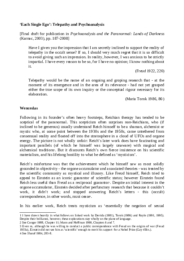 (PDF) “Each single ego”: telepathy and psychoanalysis