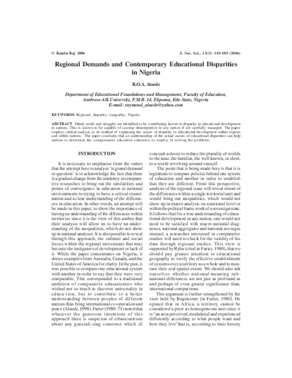 (PDF) Regional Demands and Contemporary Educational Disparities in Nigeria