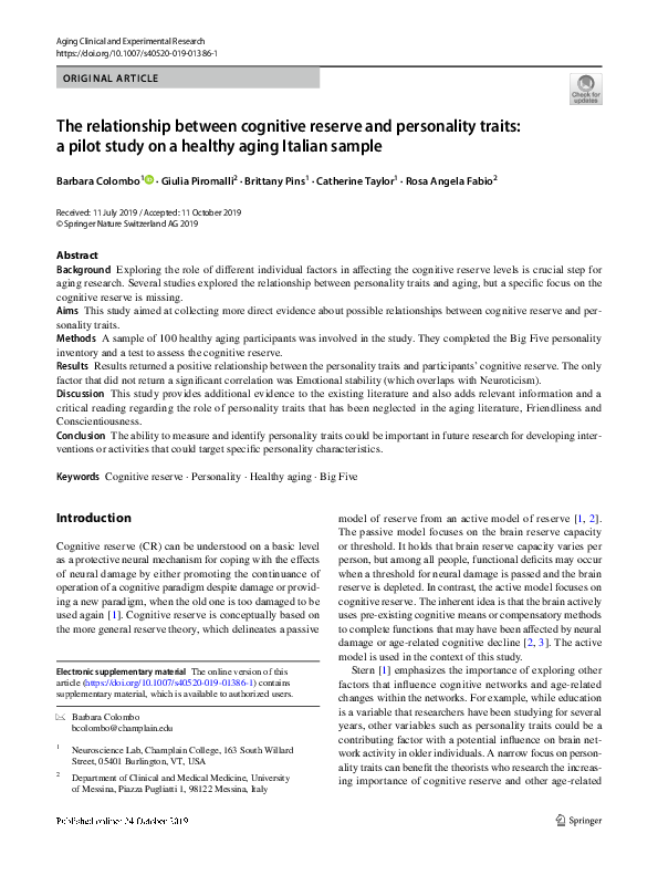 (PDF) The relationship between cognitive reserve and personality traits ...