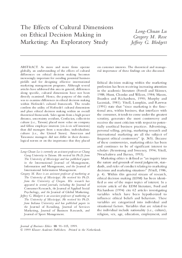 (PDF) The Effects of Cultural Dimensions on Ethical Decision Making in ...